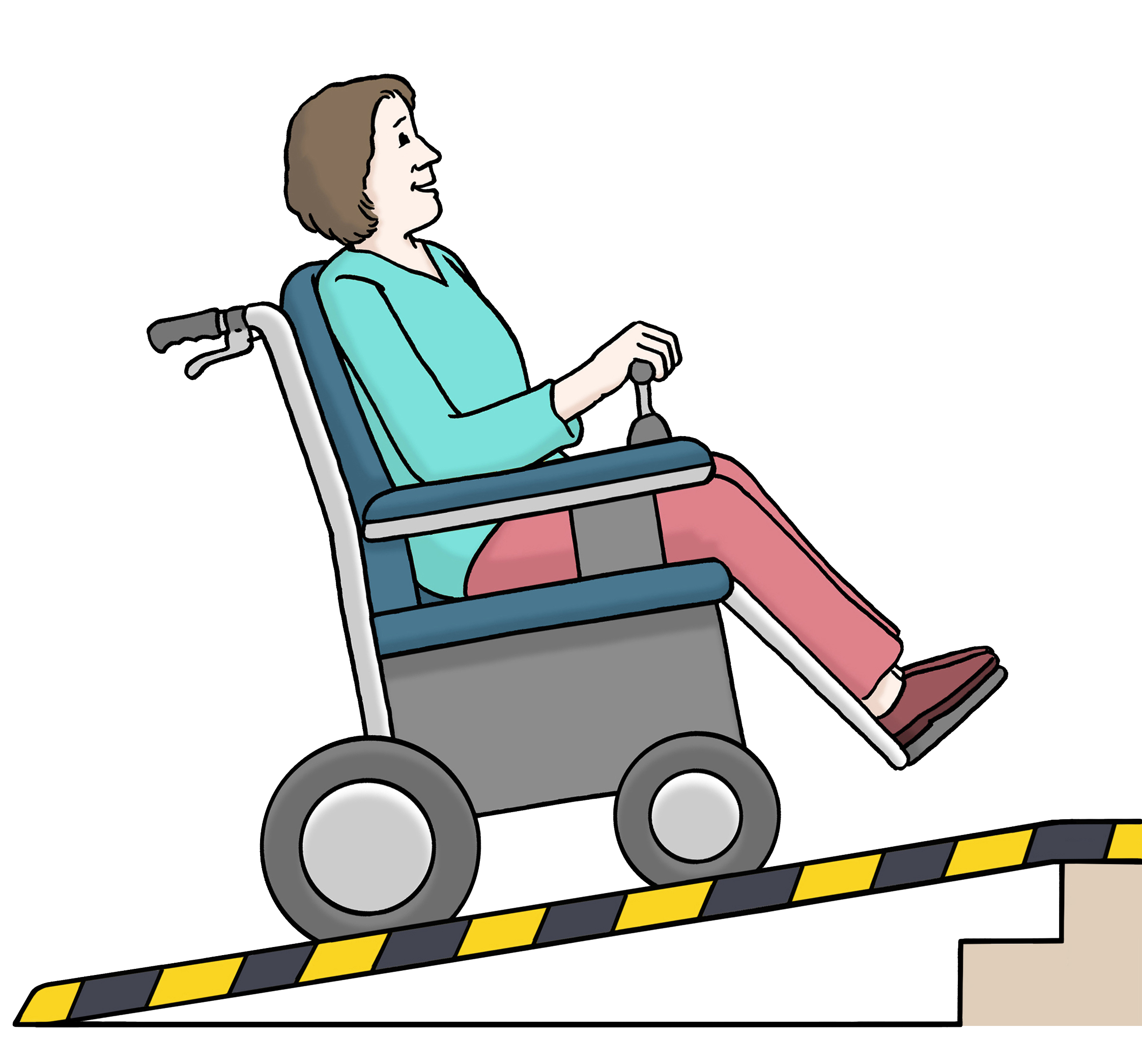 Eine Zeichnung von einem Rollstuhlfahrer der eine Rampe hochfährt.