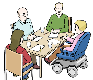 Die Zeichnung zeigt 4 Menschen an einem Tisch sitzend. Die rechte Person sitzt in einem Rollstuhl.