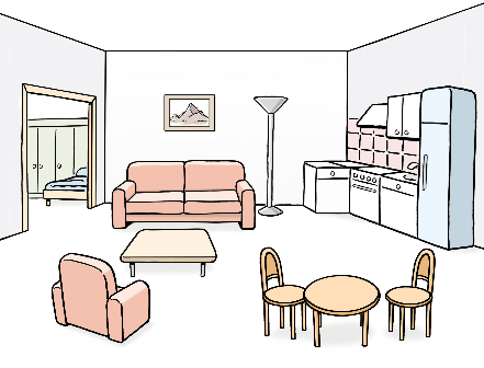 Zeichnung einer Wohnung mit Möbeln.