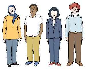 Eine Zeichnung von vier Menschen unterschiedlicher Herkunft