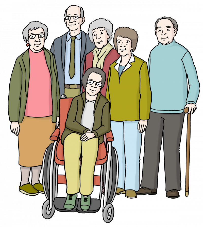 Die Zeichnung zeigt eine Gruppe von älteren Menschen. Eine Person im Vordergrund sitzt im Rollstuhl.