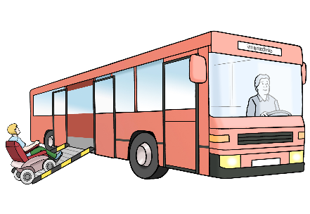 Zeichnung von einem Rollstuhlfahrer der über eine Rampe in einen Bus fährt.