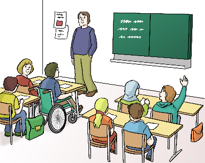 Eine Zeichnung von einem Klassenzimmer. Einer der Schüler sitzt in einem Rollstuhl.