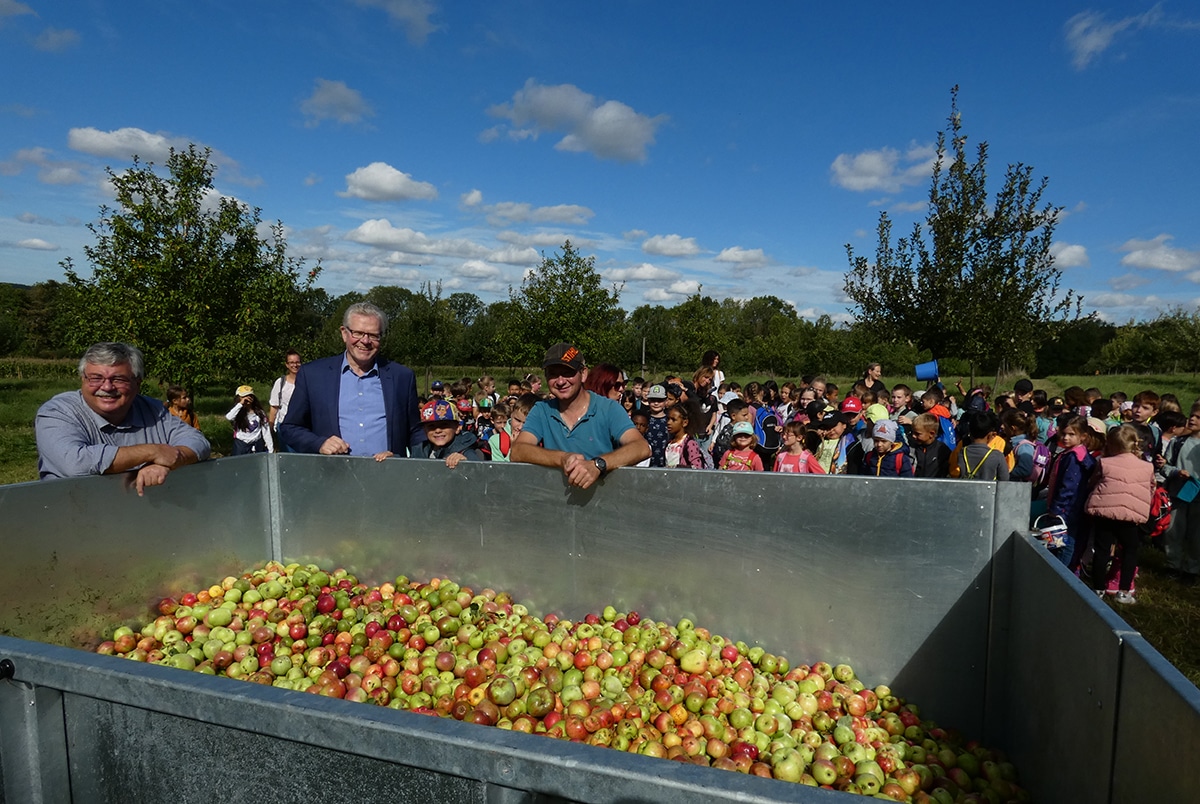 großer Container voll mit Äpfeln, dahinter Schüler/innen und de r Oberbürgermeister, Stadtgartenamtsleiter und Mitarbeiter