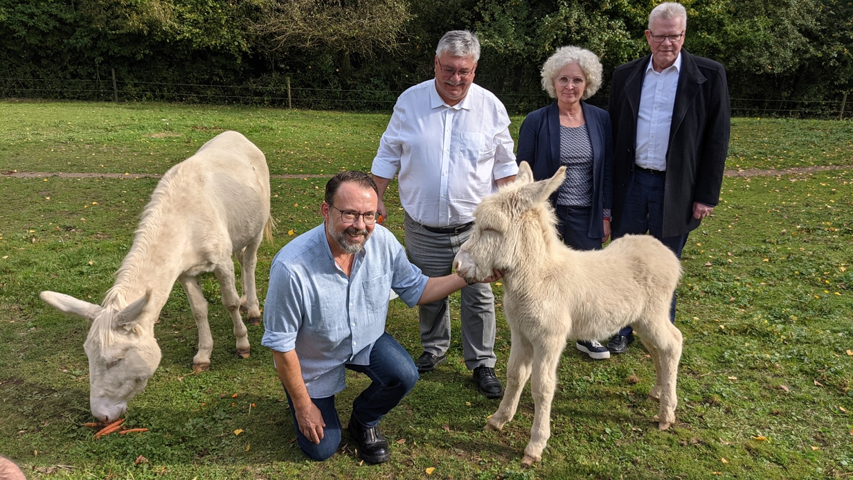 Zwei Esel mit OB Ebersberger, Baureferentin Kelm, Stadtgartenamtsleiter Pfeifer und "Namenspate" Stefan Roider.