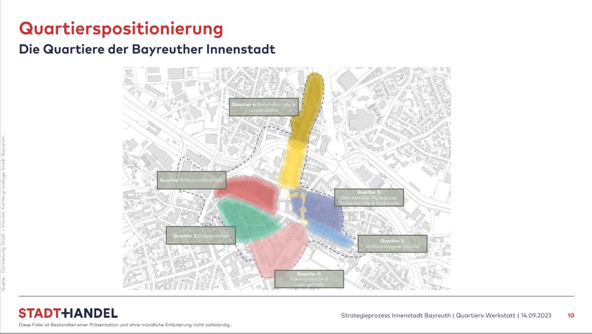 Stadtplan mit 6 farbig eingezeichneten Quartieren