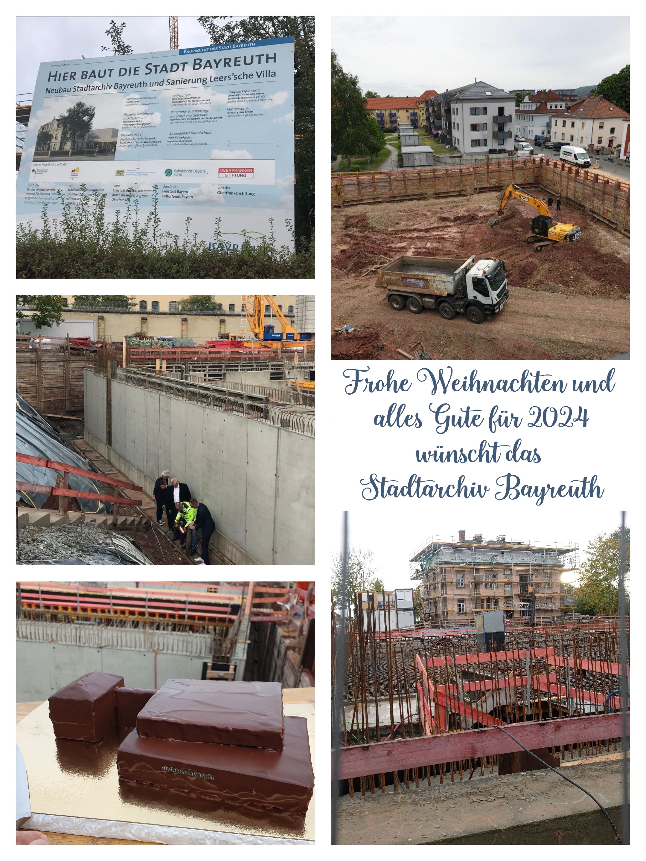 Bildcollage des Baufortschritts des neuen Stadtarchivs in der Bernecker Straße). Blicke auf Baugrube, Baustelle, Villa und einem Kuchenmodell