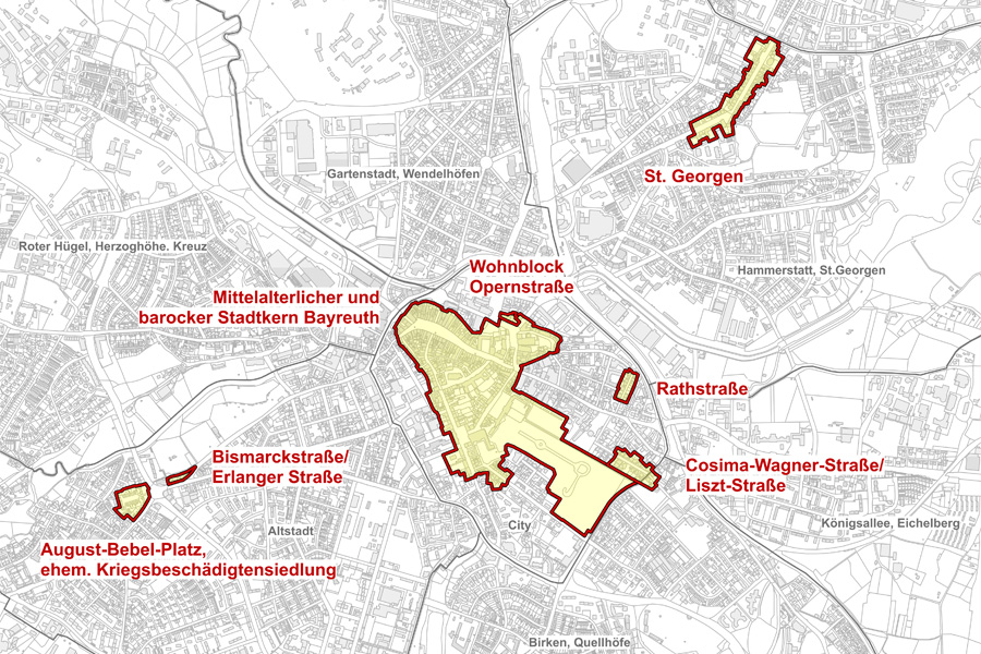 Übersichtskarte Stadt Bayreuth mit Darstellung der sieben Denkmal-Ensembles