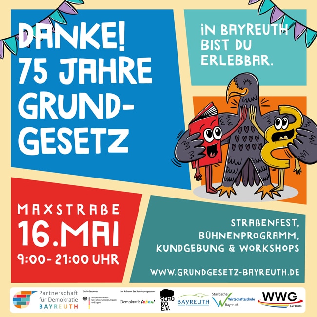 Flyer für ein Fest, bei dem das 75-jährige Bestehen des Grundgesetzes gefeiert wird