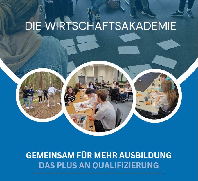 Titelbild des Flyers zur Wirtschaftsakademie mit drei Trainingssituationen mit den Azubis