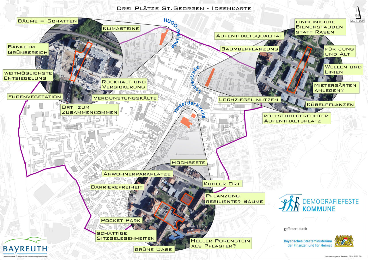 Lageplan mit Verortung des HUGO-Geländes, der Leersstraße und des Platzes hinter der Ordenskirche in St. Georgen, und textliche Ergänzung der jeweiligen Ideen
