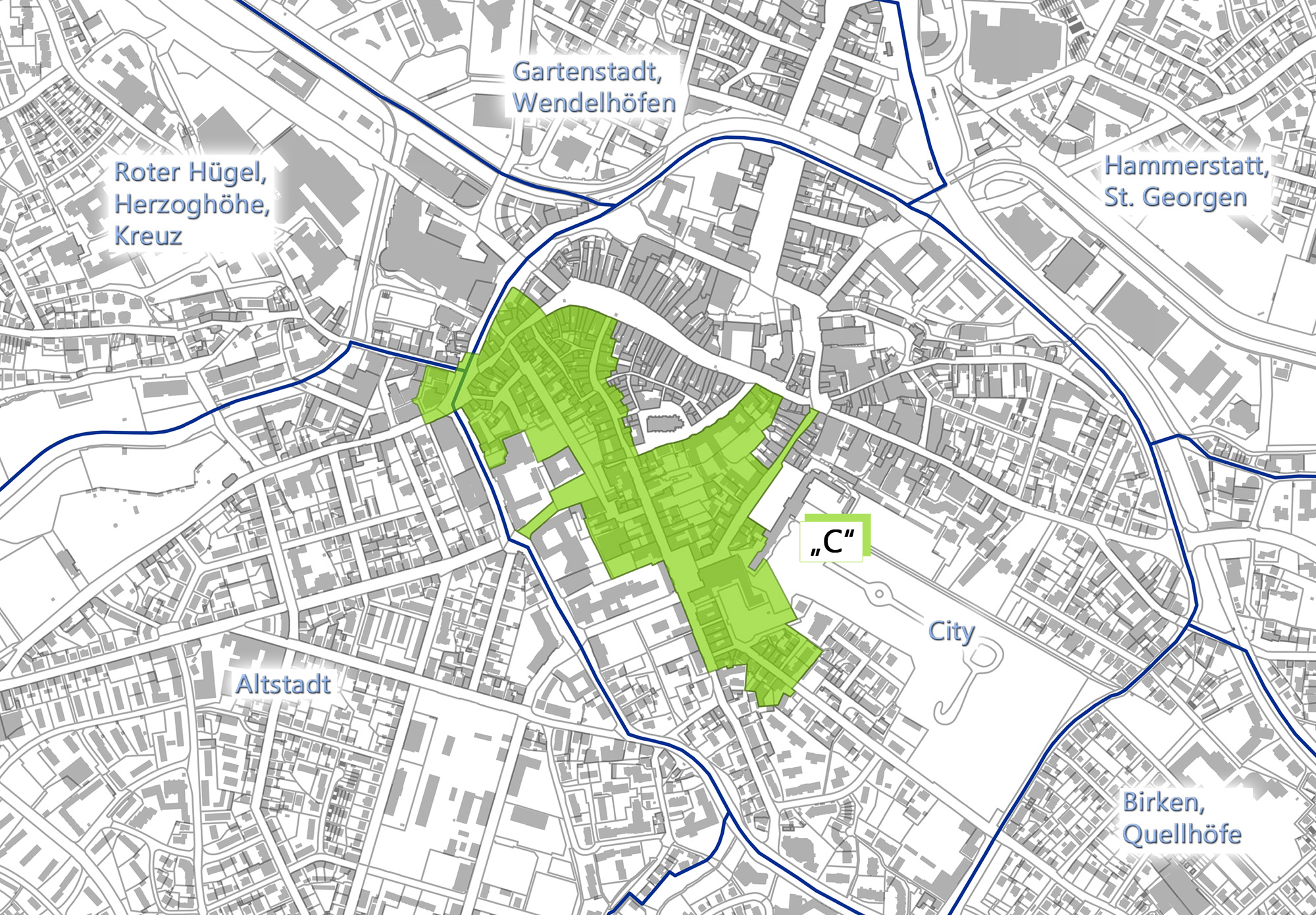 Lageplan der Innenstadt Bayreuth mit farbiger Abgrenzung des Untersuchungsbereichs "C" (Innenstadt Süd)