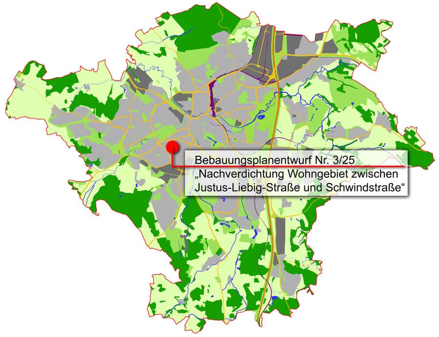 Übersichtskarte der Stadt Bayreuth mit Verortung des Bebauungsplanentwurfs Nr. 3/25