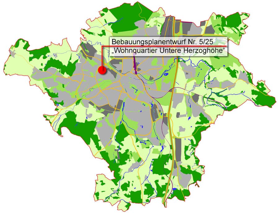 Übersichtskarte der Stadt Bayreuth mit Verortung des Bebauungsplanentwurfs Nr. 5/25