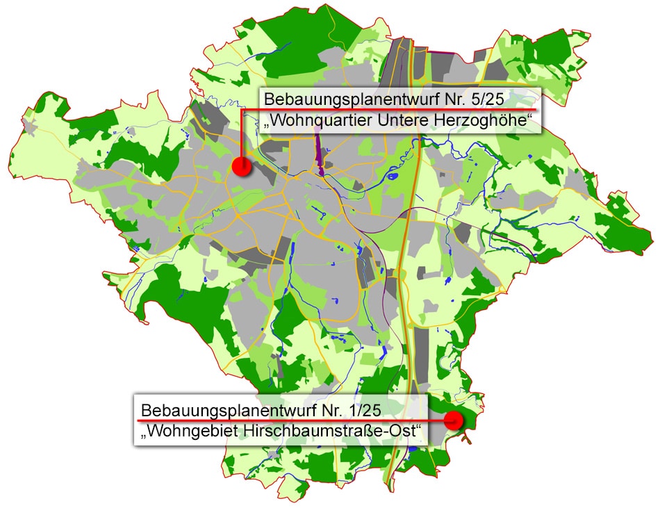 Übersichtskarte mit Verortung der Bebauungspläne Nr. 5/25 "Wohnquartier Untere Herzoghöhe" und Nr. 1/25 "Wohngebiet Hirschbaumstraße-Ost"