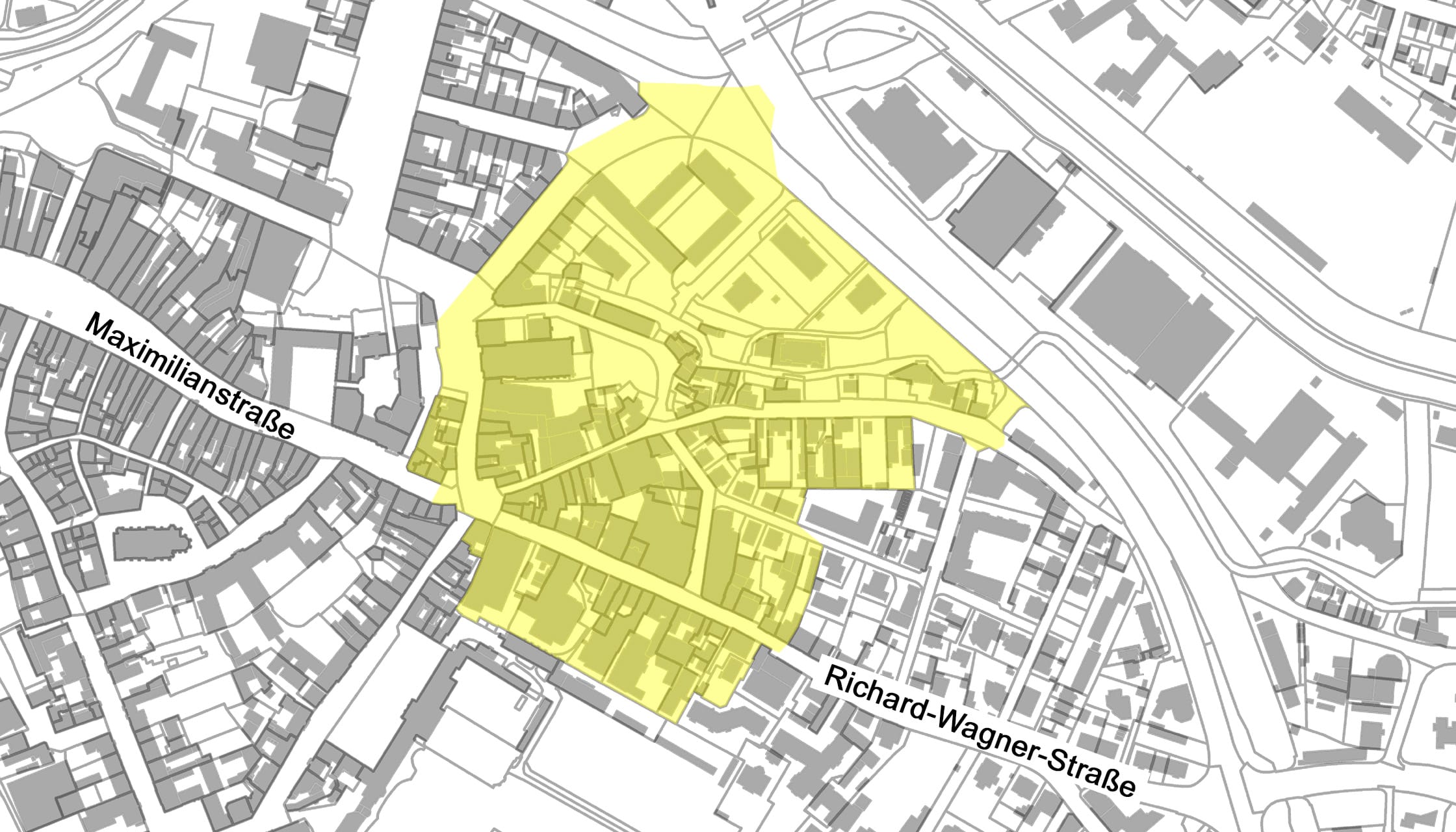 Übersichtsplan im Bereich Maximilianstraße und Richard-Wagner-Straße mit Darstellung des Sanierungsgebietes "H" als gelbe Fläche