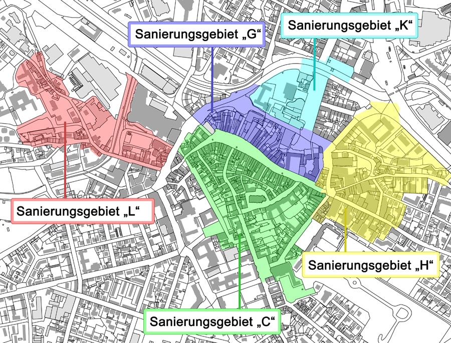 Übersichtsplan mit farbiger Darstellung der fünf Sanierungsgebiete (C, G, H, K, L) in der Innenstadt