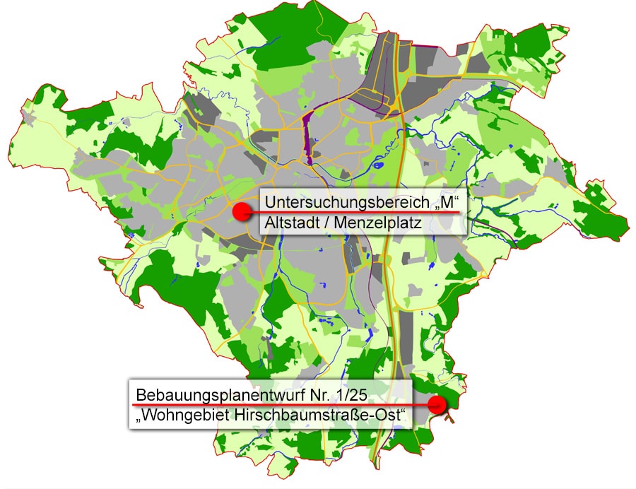 Übersichtskarte mit Verortung des Bebauungsplanes Nr. 1/25 "Wohngebiet Hirschbaumstraße-Ost" sowie Untersuchungsbereich "M" Altstadt/Menzelplatz