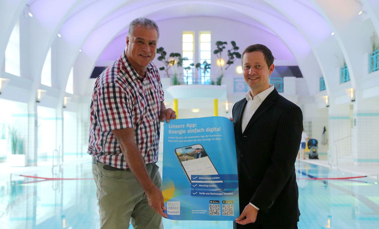 Zwei Männer halten ein Plakat in die Höhe. | Foto: Stadtwerke Bayreuth