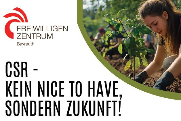 Slogan "CSR - Kein Nice to have, sondern Zukunft!" mit einer jungen Frau, die eine Pflanze im Garten einsetzt