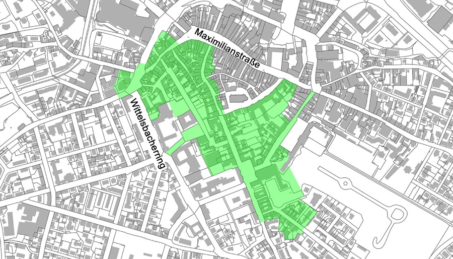 Übersichtsplan im Bereich Maximilianstraße, Wittelsbacherring mit Darstellung des Sanierungsgebietes "C" als grüne Fläche