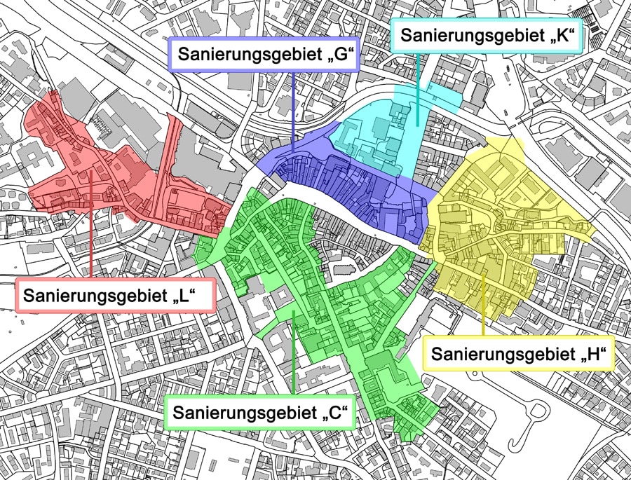 Übersichtsplan mit farbiger Darstellung der fünf Sanierungsgebiete (C, G, H, K, L) in der Innenstadt