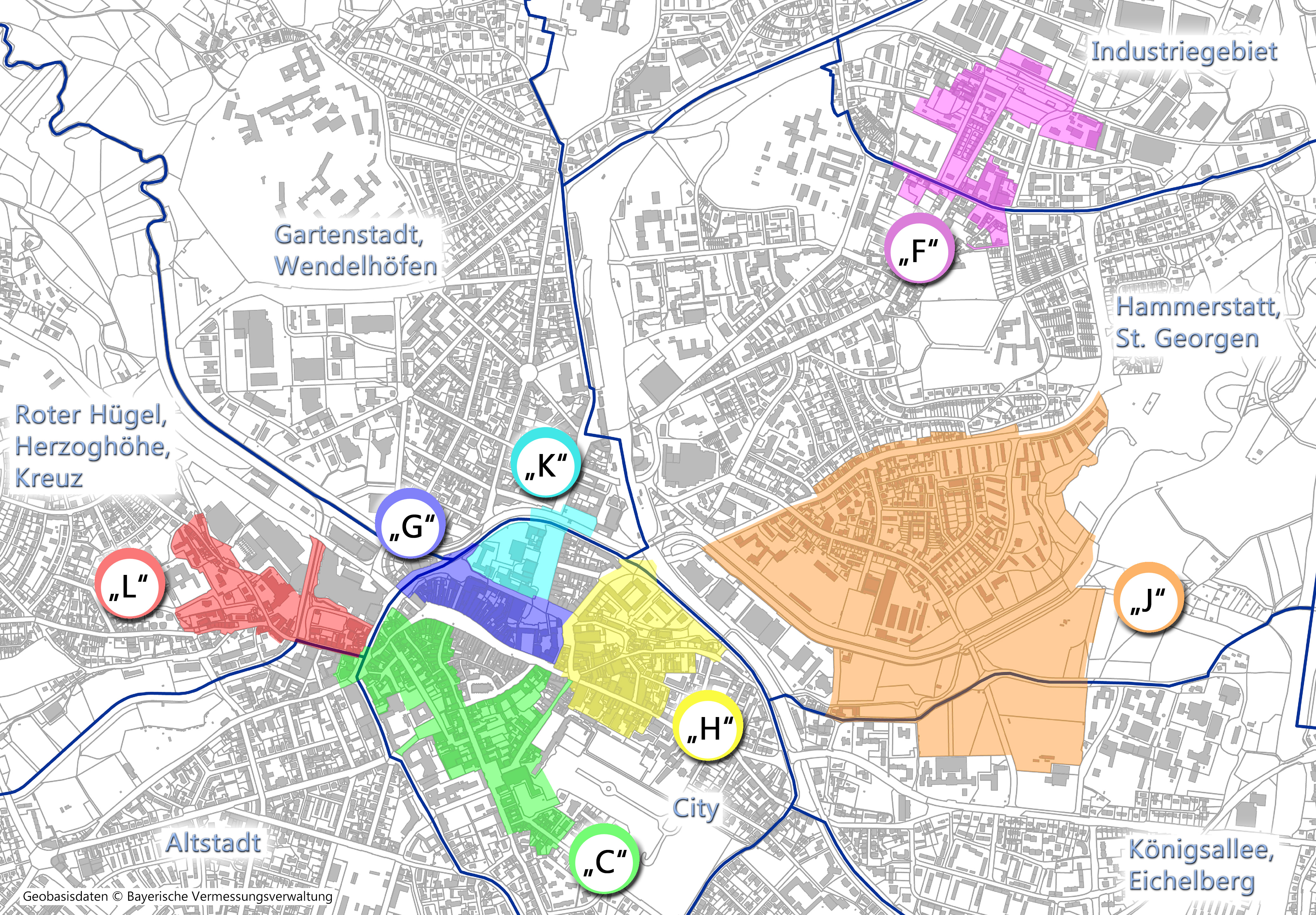 Übersichtsplan mit farbiger Darstellung der sieben Sanierungsgebiete (C, F, G, H, J, K, L)