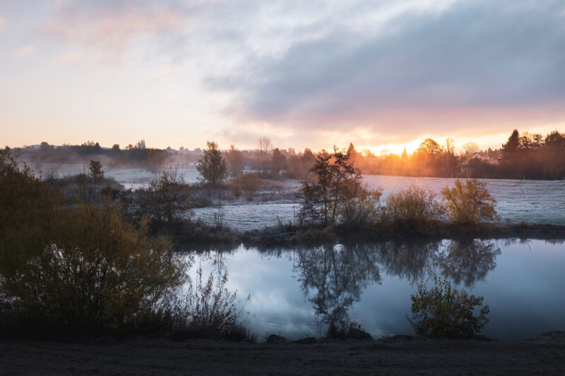 Blick auf die Wilhelminenaue bei Sonnenaufgang