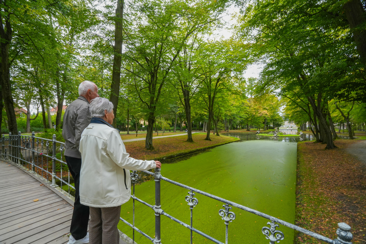 Ein älteres Ehepaar blickt im Hofgarten auf das Wasser. Foto: Stadt Bayreuth