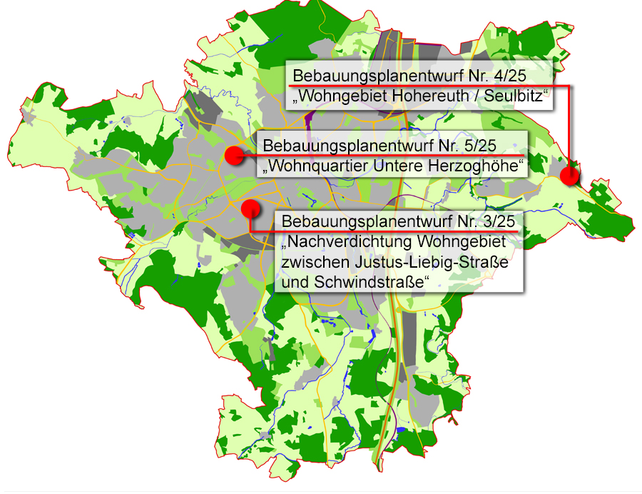 Übersichtskarte mit Verortung der Bebauungsplanentwürfe Nr. 4/25 "Wohngebiet Hohereuth / Seulbitz", Nr. 3/25 "Nachverdichtung Wohngebiet zwischen Justus-Liebig-Straße und Schwindstraße" und Nr. 5/25 "Wohnquartier Untere Herzoghöhe"