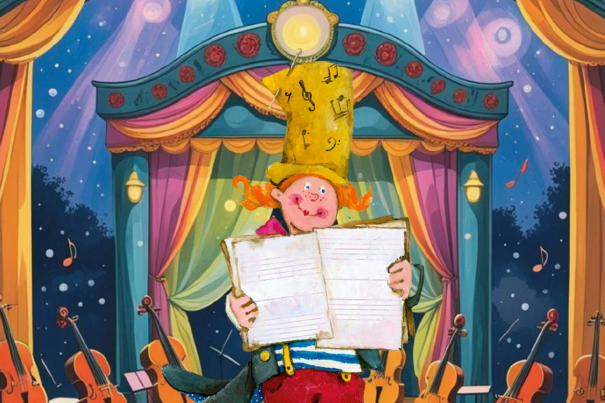 Nola Note als Zeichentrickfigur mit orangen Zöpfen und Notenblättern in der Hand