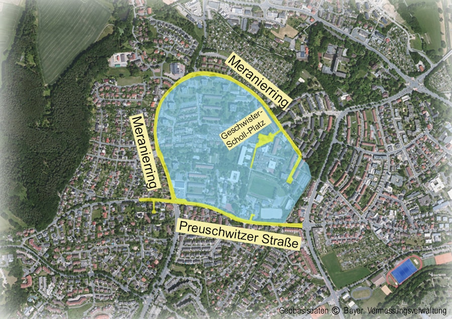 Luftbild mit dem Areal zwischen Meranierring und Preuschwitzer Straße sowie Geschwister-Scholl-Platz