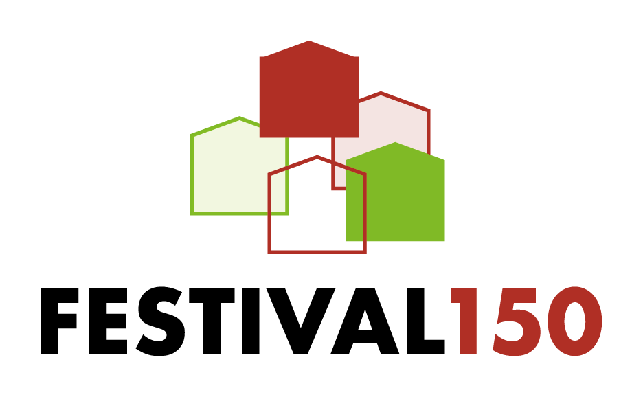 Logo anlässlich Festval15 - Fünf stilisierte Festspielhäuser, darunter Schriftzug Festval150 in rot grün und schwarz