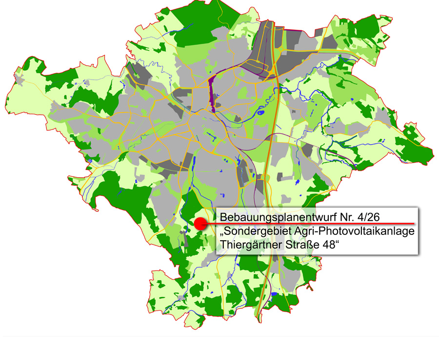 Übersichtskarte mit Verortung des Bebauungsplanentwurfs Nr. 4/26 "Sondergebiet Agri-Photovoltaikanlage Thiergärtner Straße 48"