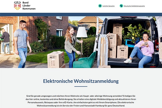 Screenshot der Webseite der elektronischen Wohnsitzanmeldung
