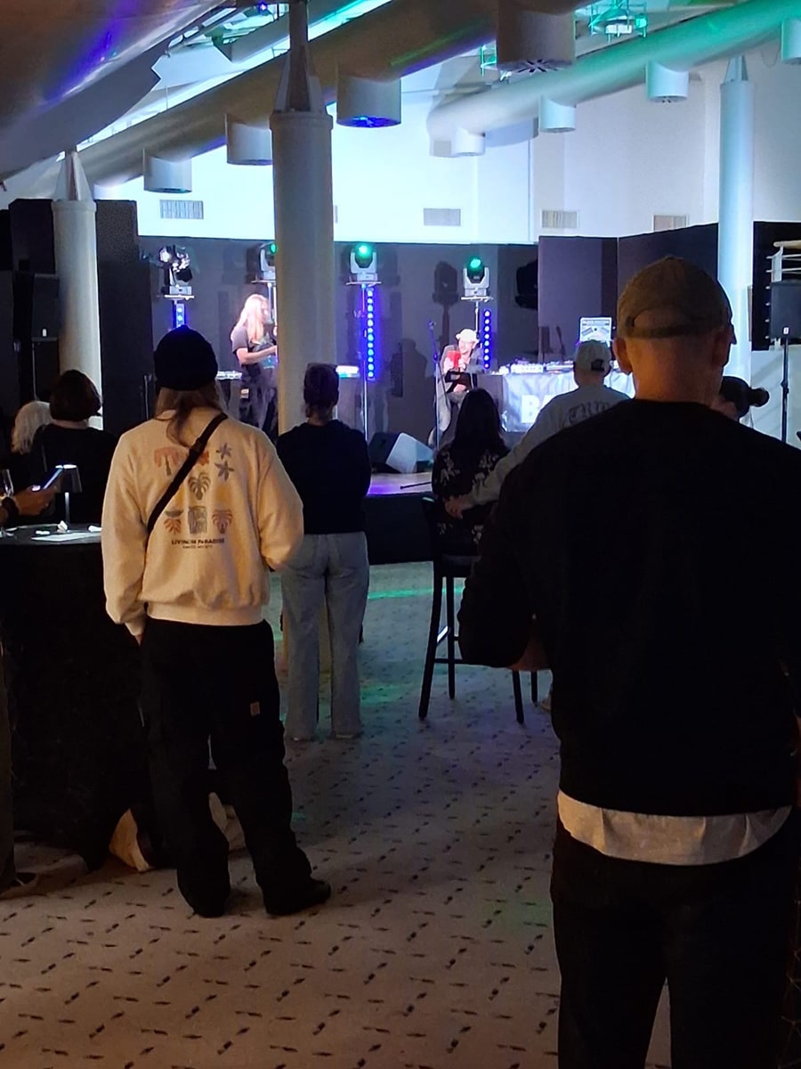 Menschen stehen mit dem Rücken zum Fotografen und schauen auf eine Performance vor ihnen